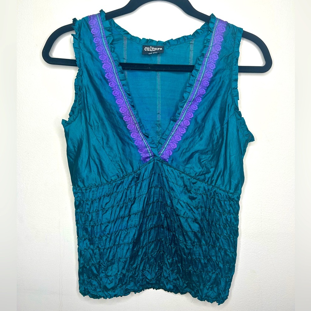 Vintage Y2K Sleeveless Top Blouse Turquoise Blue Purple Culture Shop Size Small
